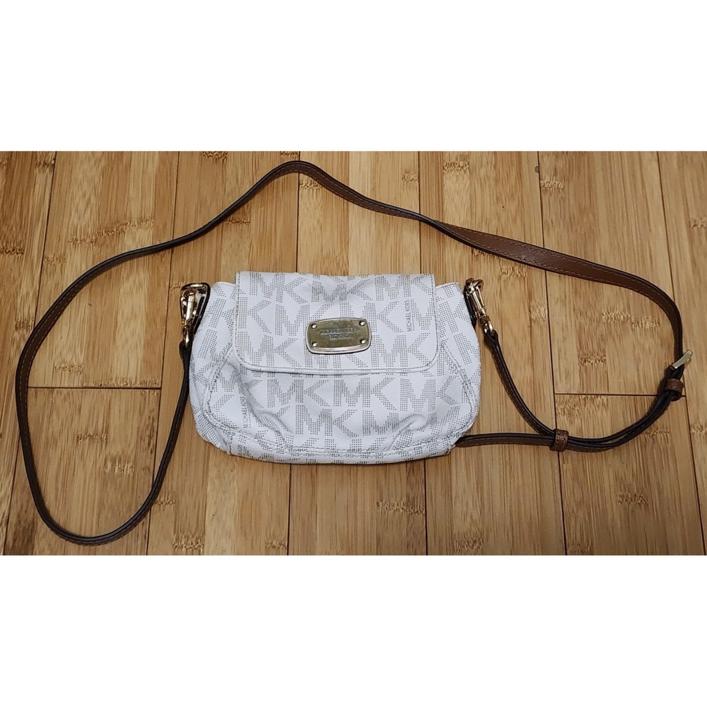 Michael Kors MK Jet Set Signature Canvas Small Flap Crossbody Bag Cream Purse